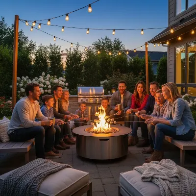 Friends and family gathered around a smokeless fire pit in a cozy backyard setting during evening, with warm lighting and comfortable seating. 