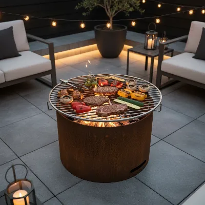 A high-end Breeo X30 smokeless fire pit with a heavy-duty grill grate in use, cooking an assortment of vegetables and meats over a clean, bright flame, modern patio setting
