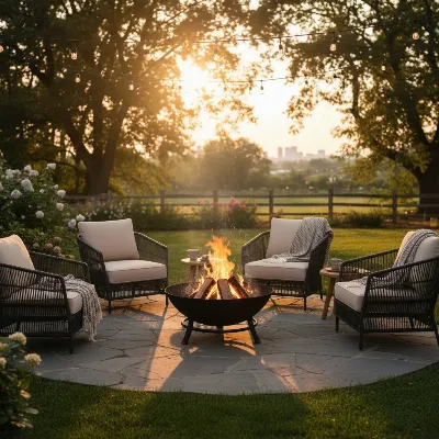 A classic black steel wood-burning fire pit with a crackling fire, surrounded by comfortable outdoor seating, creating a cozy evening atmosphere.