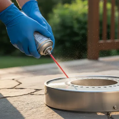 A person using compressed air to clear debris from a propane fire pit burner's ports.