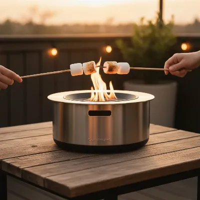 Small Cuisinart Cleanburn Smokeless Tabletop Fire Pit on an outdoor table with marshmallows roasting