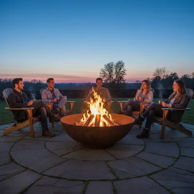 A robust corten steel wood-burning fire pit, large bowl, surrounded by a natural stone patio with people gathered around. Warm evening light, realistic style.