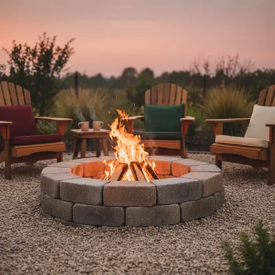 A beautifully lit DIY stone fire pit at night with a roaring fire, surrounded by comfortable seating, showcasing an inviting ambiance.
