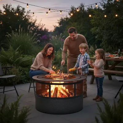 A family enjoying safely cooking and eating around a backyard wood-burning fire pit at dusk.