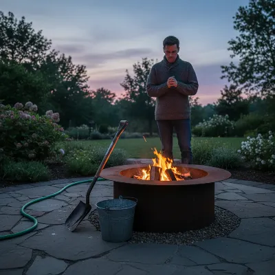 Person preparing to extinguish a fire pit, with a hose, shovel, and bucket nearby