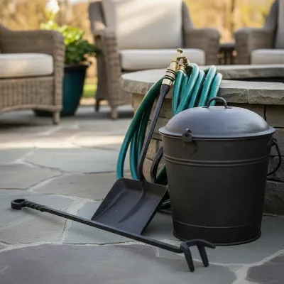 Essential tools for safely extinguishing a wood fire pit, including a shovel, poker, hose, and metal bucket