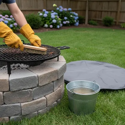 A person in heat-resistant gloves cleaning a cast iron cooking grate on a cooled fire pit, with cleaning tools and a protective cover nearby, backyard setting at daytime