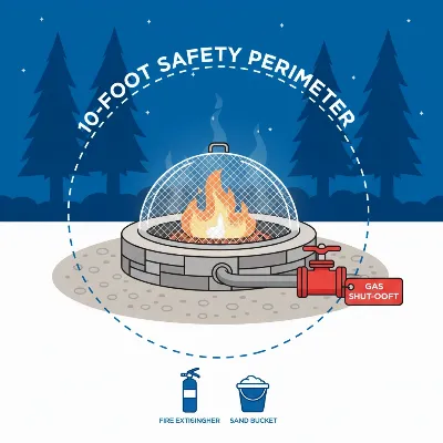 An illustrative image showing various safety features of a fire pit, including a spark screen, a clear safety zone, and a shut-off valve. Nighttime scene, infographic style.