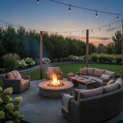 Outdoor fire pit with smoke drifting away from seating, illustrating proper placement relative to wind direction.