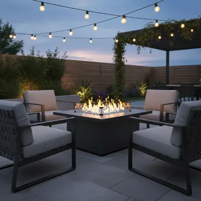 A sleek, modern gas fire pit integrated into a patio table, surrounded by contemporary outdoor furniture and soft lighting.
