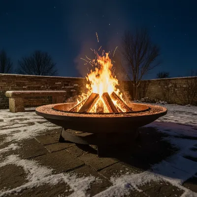 A robust, deep cast iron fire pit glowing with warmth in a snowy backyard.