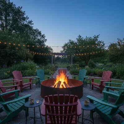 A grand extra-large wood fire pit glowing warmly in a spacious backyard at dusk, surrounded by comfortable seating for a party.
