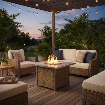 LayinSun Alturas Propane Gas Fire Pit Table on a wooden deck with comfortable seating