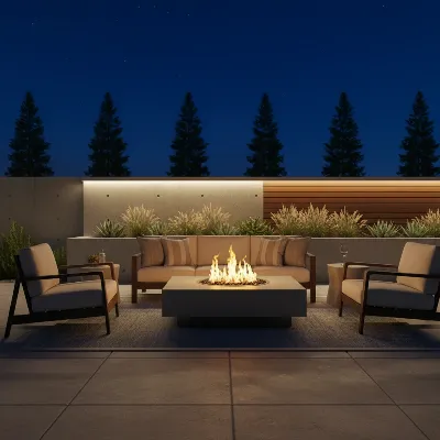 Outland Living Firebowl Propane Fire Pit enhancing a modern patio with warm light