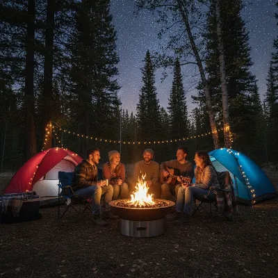 Outland Living Firebowl Propane Fire Pit set up at a campsite with people around it