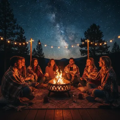 A vibrant portable fire pit casting warm light on a cozy outdoor gathering.