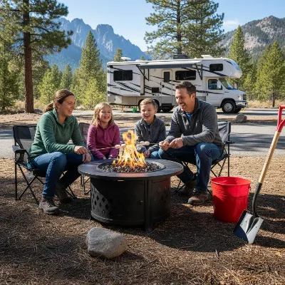 Family enjoying a portable propane fire pit at a campsite