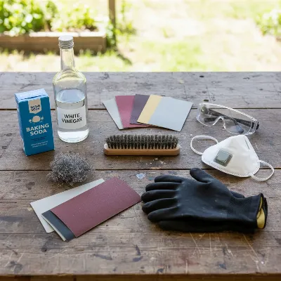 Tools and materials laid out for cleaning a rusty metal fire pit, including gloves, brushes, and cleaning solutions