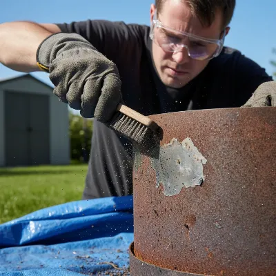 Person wearing gloves and goggles, actively scrubbing rust from a metal fire pit with a wire brush outdoors