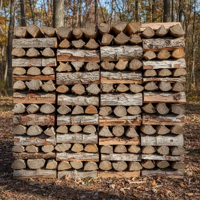 Stack of well-seasoned hardwood firewood, neatly piled outdoors with sun hitting it, ready for a low-smoke fire pit.