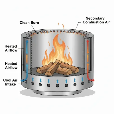 A cross-section illustration of a smokeless fire pit, showing double-wall construction, bottom air intake vents, heated air channels, and top re-burn vents, with flames inside.