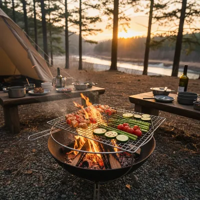 Snow Peak Takibi Fire and Grill in use, grilling food over open flame at a campsite, with visible adjustable grill height.