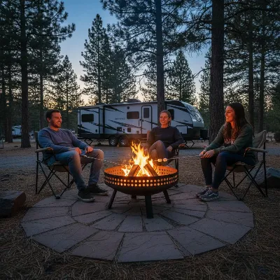 Solo Stove Bonfire 2.0 at a campsite with an RV