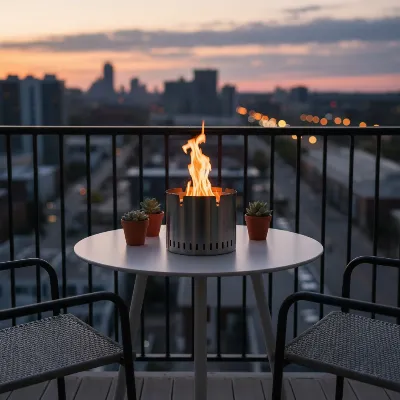 Solo Stove Mesa XL Tabletop Fire Pit on a small modern balcony with city views.