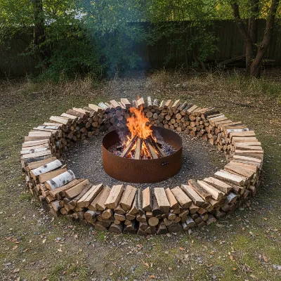 A round Corten steel fire pit with a natural patina in a rustic backyard setting with wood logs.