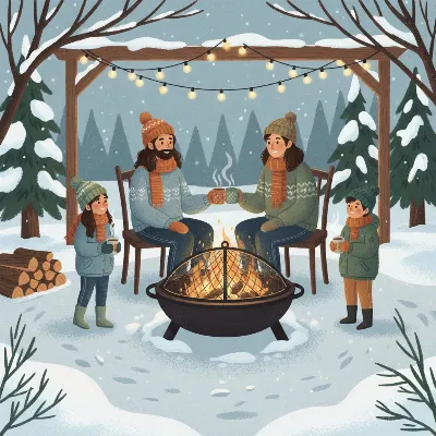 An illustration showing a family safely gathered around a fire pit in winter.