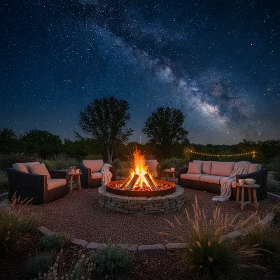 A cozy wood-burning fire pit crackling with flames under a starry night sky, surrounded by comfortable chairs.